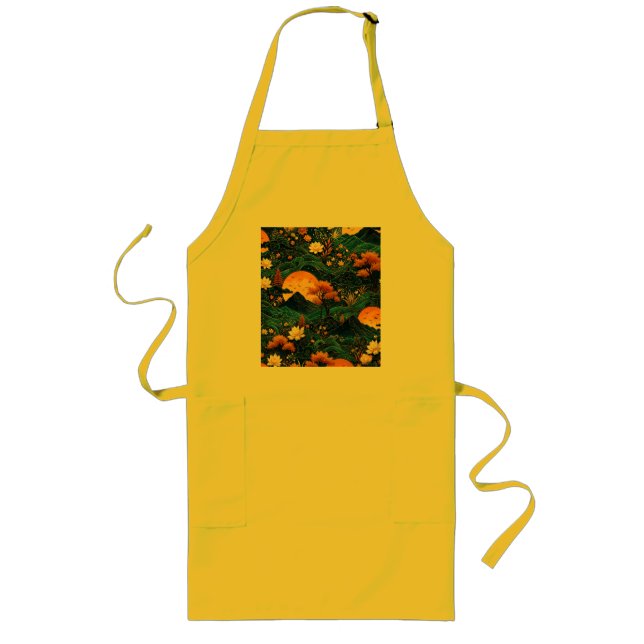 Golden Moon Mountain Night Sky Lotus Floral Pattrn Long Apron (Front)