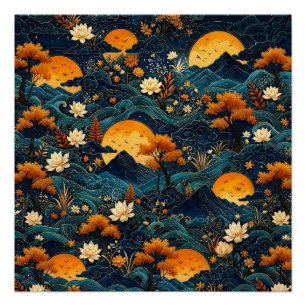 Golden Moon Mountain Night Sky Lotus Floral Pattrn Poster