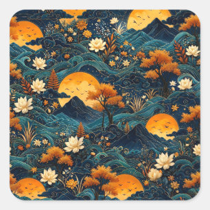 Golden Moon Mountain Night Sky Lotus Floral Pattrn Square Sticker