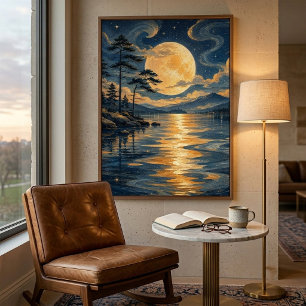 Golden Moon Over Lake Art Poster