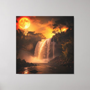 Golden Moonlight Waterfall Fantasy Landscape Canvas Print
