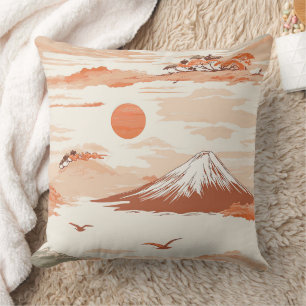 Golden Mount Fuji Sunrise Japan Watercolor Pattern Cushion
