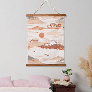 Golden Mount Fuji Sunrise Japan Watercolor Pattern Hanging Tapestry