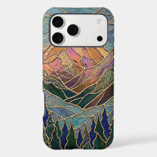 Golden Mountain Peaks Forest Stained Glass Art