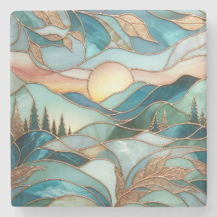 Golden Mountain Peaks Forest Stained Glass Art Stone Coaster