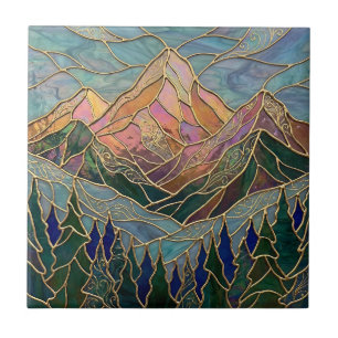 Golden Mountain Peaks Forest Stained Glass Art Tile