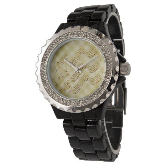 Golden Music Notes Black Rhinestone Watch (Angled)