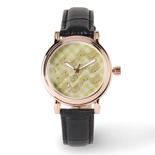 Golden Music Notes Square Face Black Leather Watch (Front)