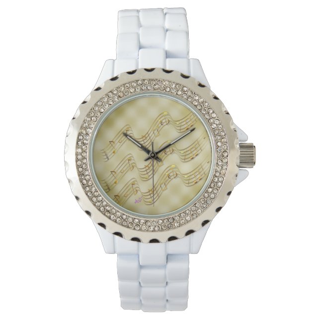 Golden Music Notes White Rhinestone Watch (Front)