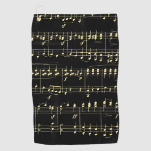 Golden Music on Black Golf Towel