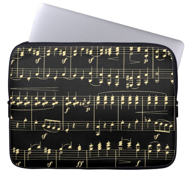 Golden Music on Black  Laptop Sleeve (Front)