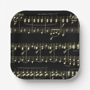 Golden Music on Black Paper Plate
