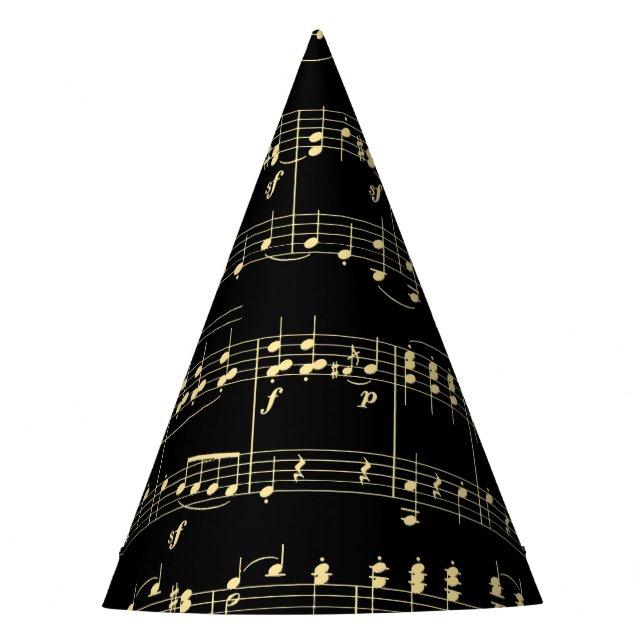 Golden Music on Black  Party Hat (Front)