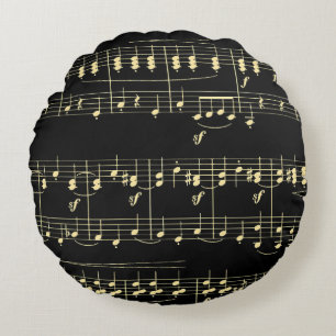 Golden Music on Black  Round Cushion