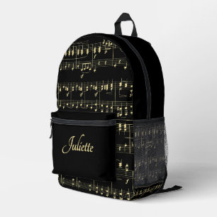 Golden Music on Black Script Name Front Printed Backpack
