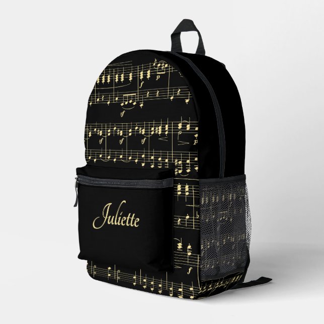 Golden Music on Black Script Name Front Printed Backpack (Back Corner Right)