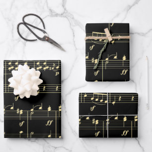 Golden Music on Black  Wrapping Paper Sheet