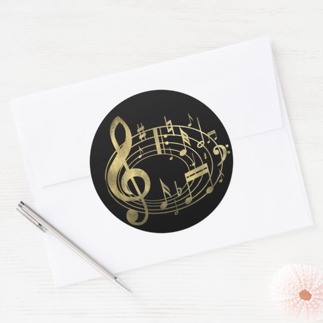 Golden musical notes in oval shape classic round sticker (Envelope)