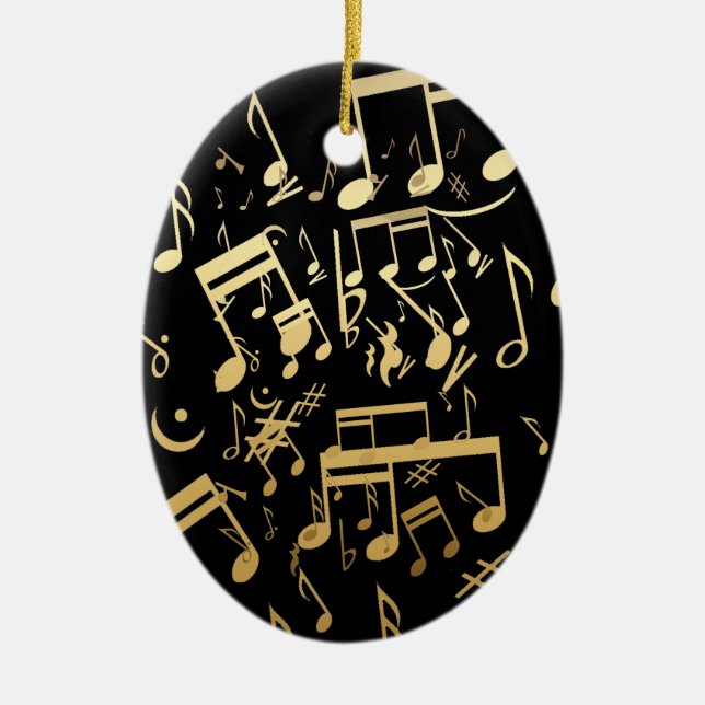 Golden musical notes on Black background Ceramic Tree Decoration (Front)