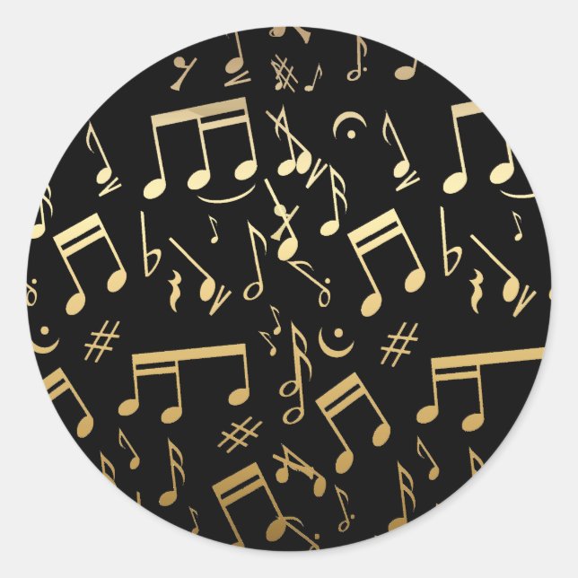 Golden musical notes on Black background Classic Round Sticker (Front)