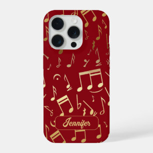 Golden Musical Notes on deep red Background iPhone 15 Pro Case
