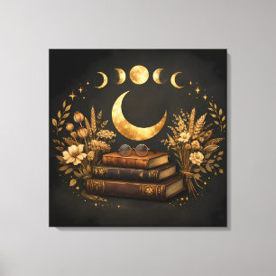 Golden Mystic Library & Botanical Boho Moon Art  Canvas Print