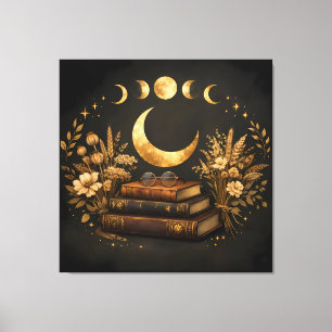 Golden Mystic Library & Botanical Boho Moon Art Canvas Print