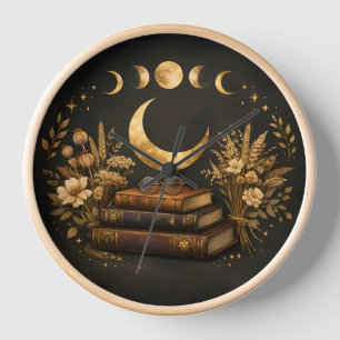 Golden Mystic Library & Botanical Boho Moon Art  Clock
