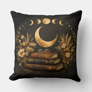 Golden Mystic Library & Botanical Boho Moon Art Cushion