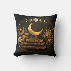 Golden Mystic Library & Botanical Boho Moon Art Cushion