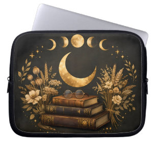 Golden Mystic Library & Botanical Boho Moon Art  Laptop Sleeve