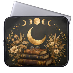 Golden Mystic Library & Botanical Boho Moon Art  Laptop Sleeve