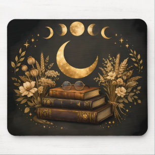 Golden Mystic Library & Botanical Boho Moon Art Mouse Pad