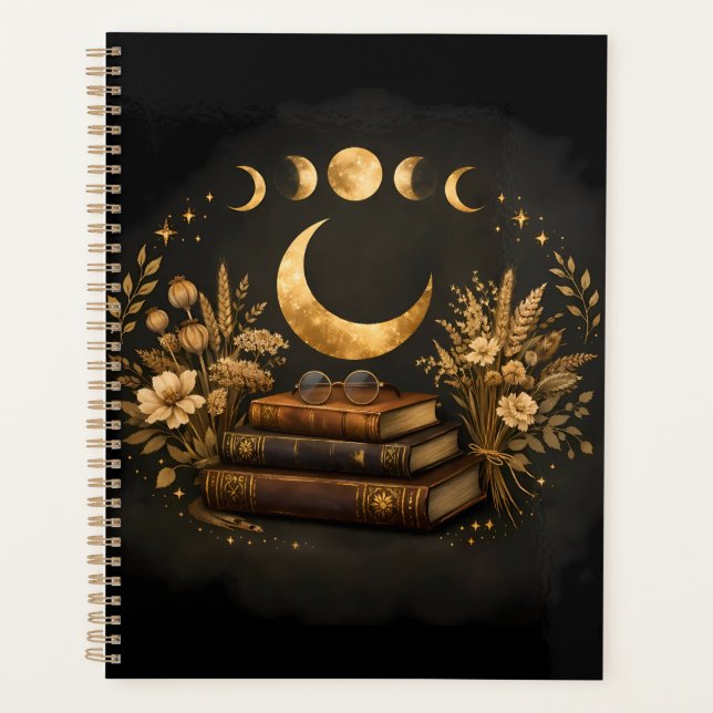 Golden Mystic Library & Botanical Boho Moon Art  Planner (Front)