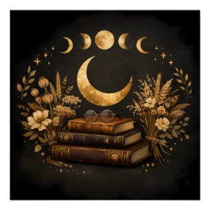 Golden Mystic Library & Botanical Boho Moon Art  Poster