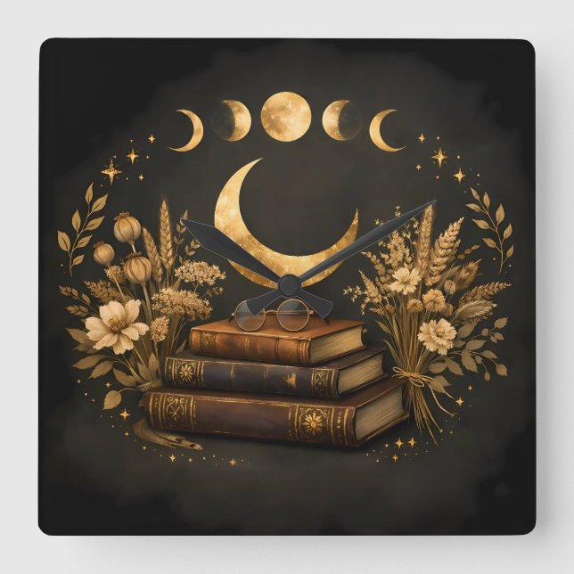 Golden Mystic Library & Botanical Boho Moon Art  Square Wall Clock (Front)