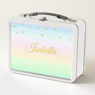 Golden name calligraphy & stars on pastel colours metal lunch box
