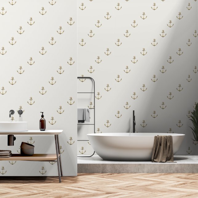 Golden Nautic Anchor an Rope Pattern Wallpaper (Bathroom)