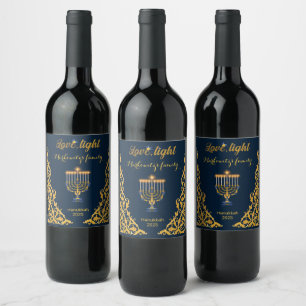 Golden Navy Blue Hanukkah Menorah Family Name Wine Label