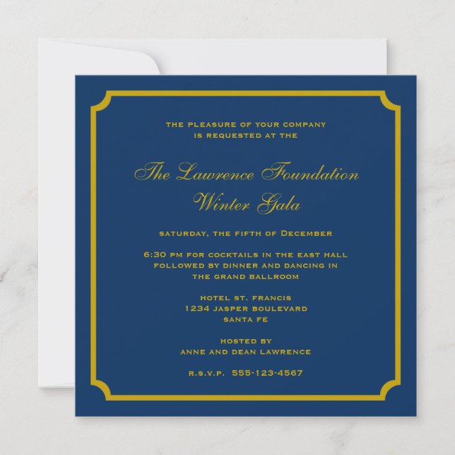 Golden navy square frame corporate holiday formal invitation (Front)