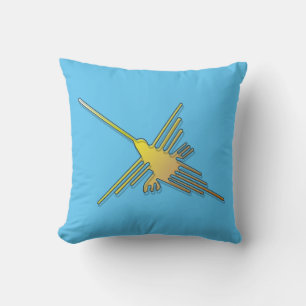 Golden Nazca Hummingbird In Blue Background Cushion