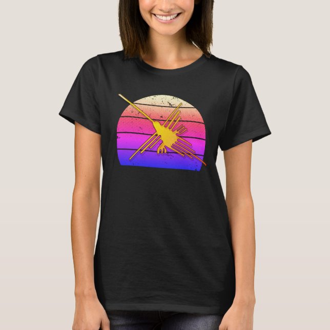 Golden Nazca Lines Hummingbird Retro Sunset T-Shirt (Front)