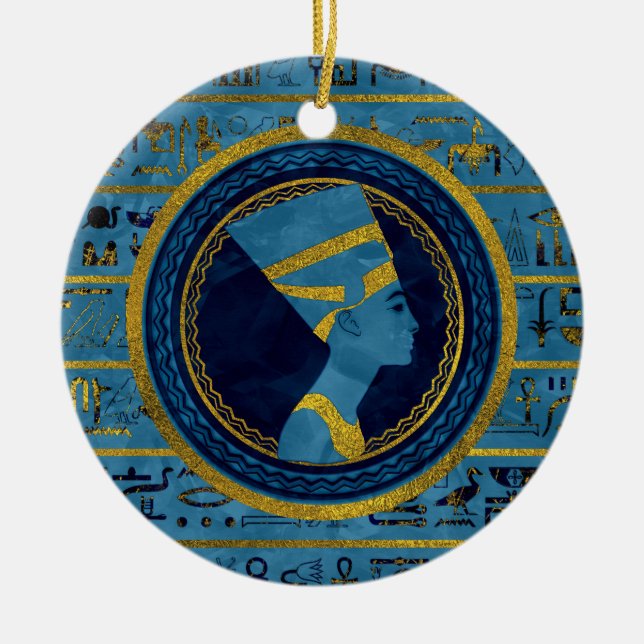 Golden Nefertiti on blue marble stone Ceramic Tree Decoration (Front)