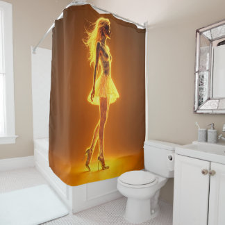 Golden neon girl in glowing fashion elegance shower curtain