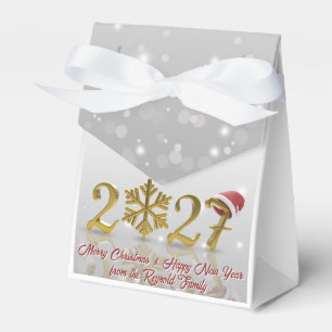 Golden New Year 2027 with Snowflake and Santa Hat Favour Box