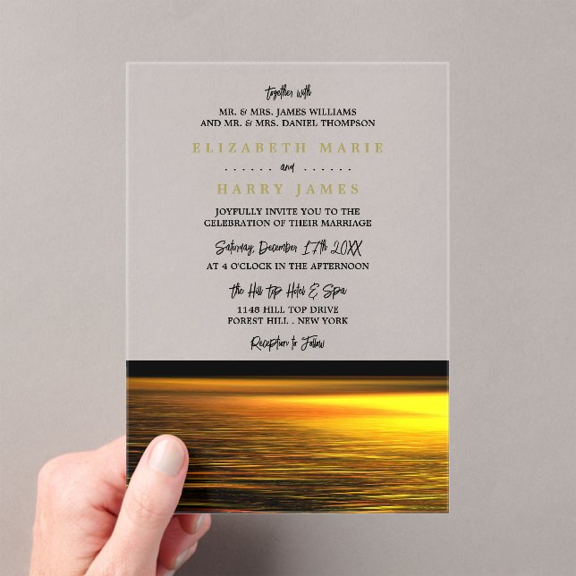 Golden Ocean, Elegant Beach Wedding Acrylic Invitations (Insitu (Handheld))