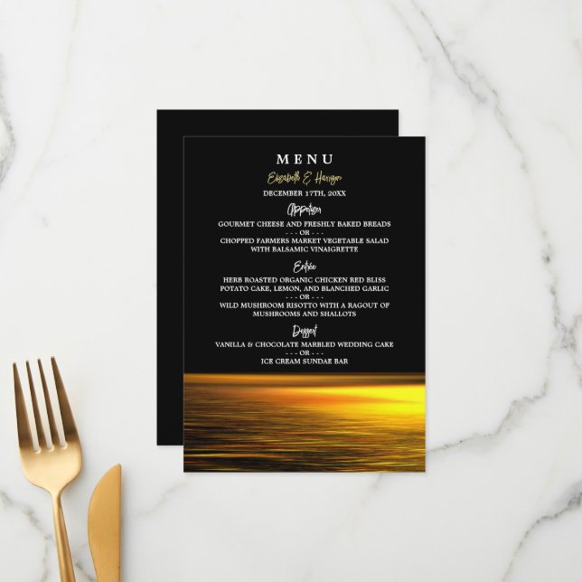 Golden Ocean, Elegant Beach Wedding Menu (Front/Back In Situ)