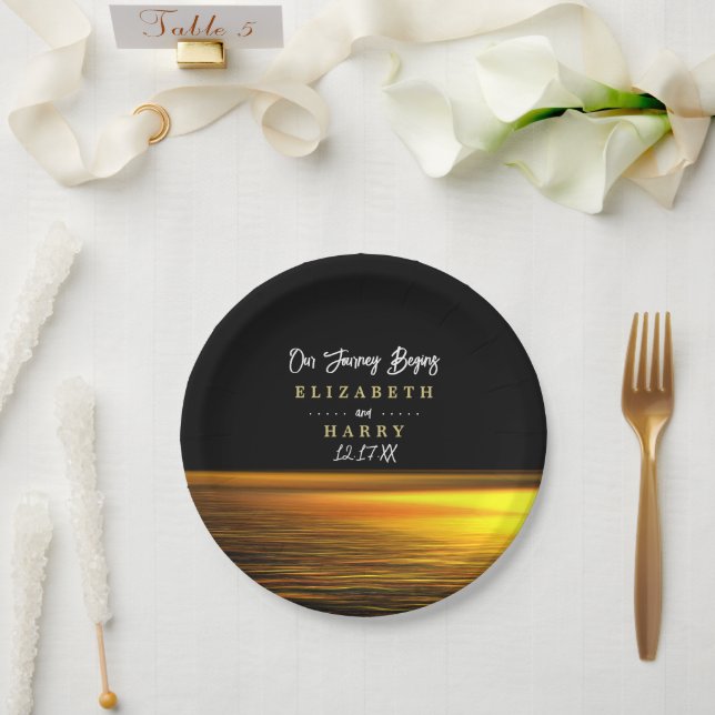 Golden Ocean, Elegant Beach Wedding Paper Plate (Wedding)