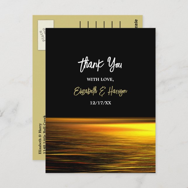 Golden Ocean, Elegant Beach Wedding Thank You Postcard (Front/Back)