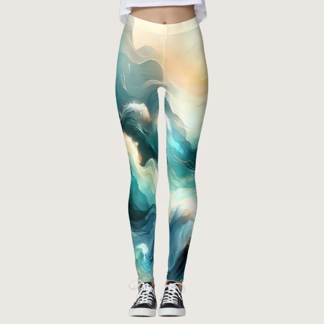 Golden Ocean Flow Abstract Waves Leggings (Front)